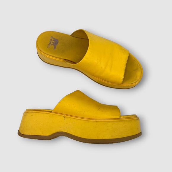 Sorel Yellow Leather Platform Slide Sandals Chunky 90s Y2K Mules Size 8.5 - Picture 8 of 8